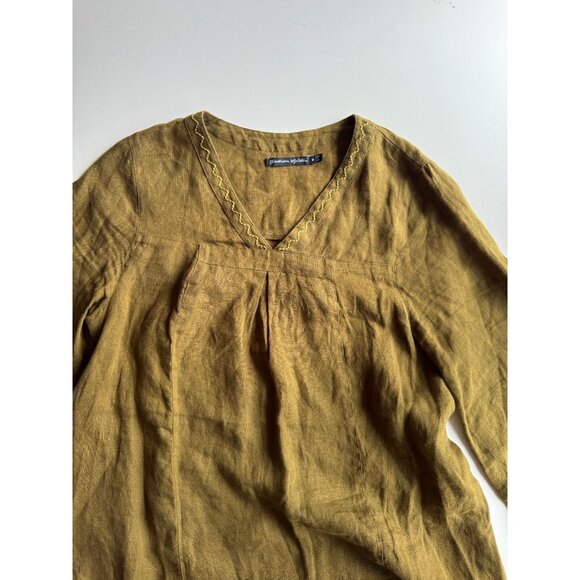GUDRUN SJODEN Lagenlook Olive Green Linen Oversized V-Neck Tunic Dress, Size M - Picture 5 of 14